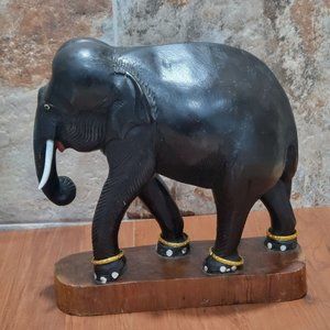 VTG Large Wood Carved Black Elephant Golden Leg Rings Wood Stand 12 In Tall